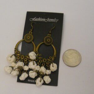 Women White Monkey Knot Earrings Drop Dangle Gold Tones Hook Fasteners FASHION